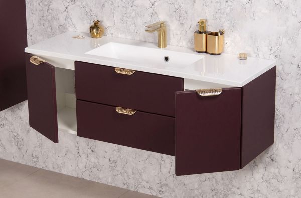MAGNOLIA 120 cm, burgunderrot satiniert, Waschtischunterbau montiert inkl. Waschbecken (MAG120-BR-G)