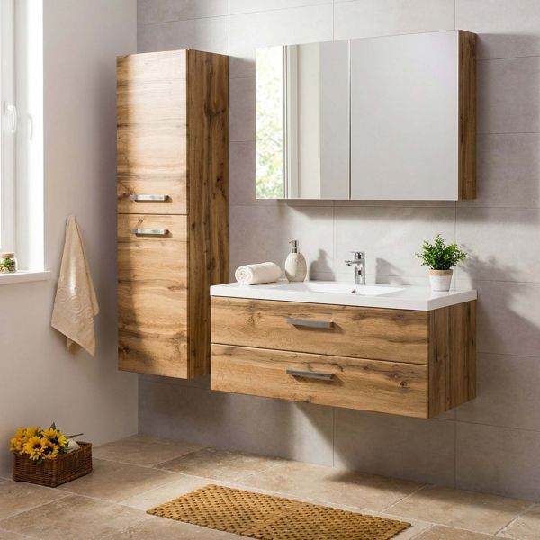 Badmöbel Genua 100 cm, Eiche Natur mit Hochschrank und Spiegelschrank