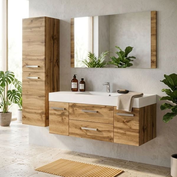Badmöbel Zeno, Breite 120 cm, Eiche Natur mit passendem Hochschrank