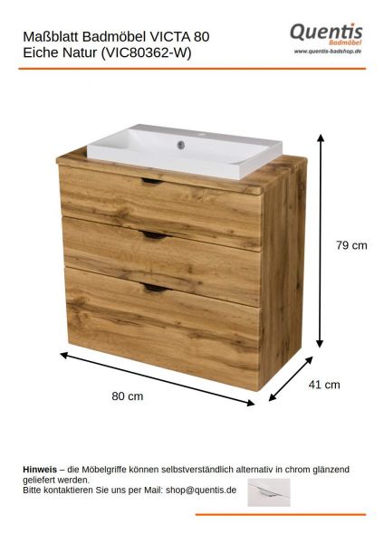 Badmöbel VICTA, Breite 80 cm, 3 Schubladen, Waschbecken weiß, Eiche Natur