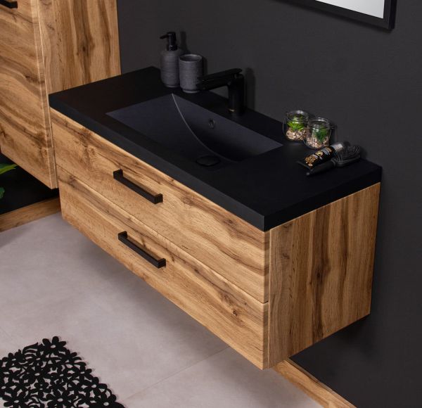 Badmöbel FOKUS LOFT 100, Eiche Natur, Unterschrank montiert, Waschtisch schwarz matt