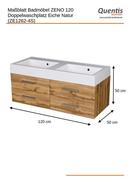 Badmöbel ZENO-LOFT Breite 120 cm, Eiche Natur, Doppelwaschtisch mit Unterschrank, montiert