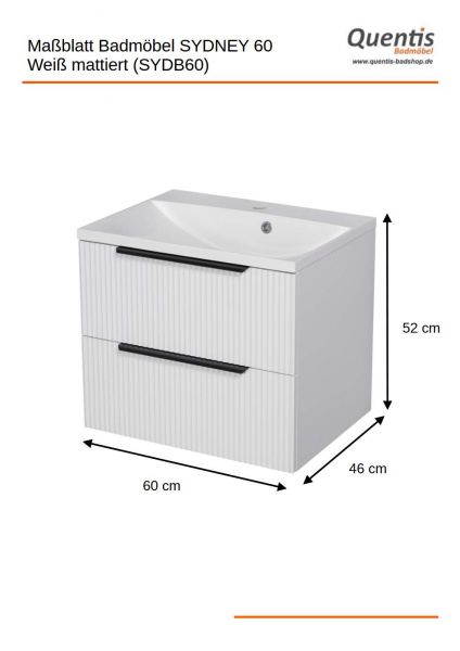 Badmöbel SYDNEY 60 cm, weiß matt, Waschtisch und Unterschrank (montiert)