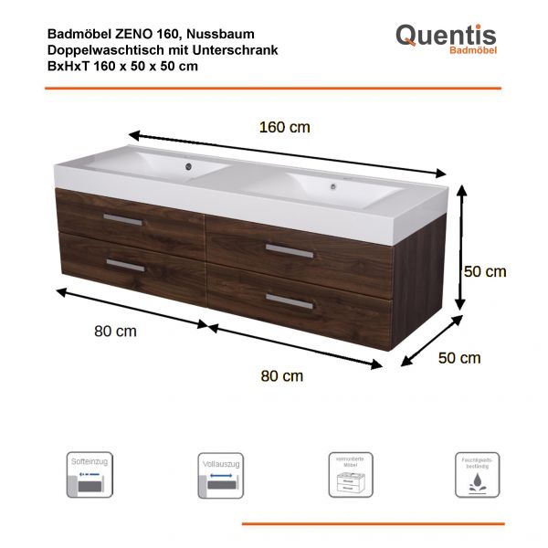 Badmöbel ZENO 160 cm, Nussbaum, Doppelwaschtisch mit Unterschrank, montiert