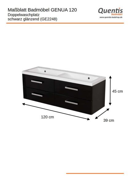Badmöbel Genua 120 cm, schwarz, Doppelwaschtisch mit Unterschrank (montiert), GE2248