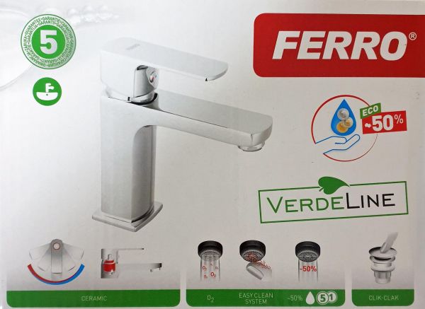 FERRO Waschtischarmatur ALBA VERDELINE, Chrom, Badarmatur Einhebelmischer, inkl. Ablaufgarnitur