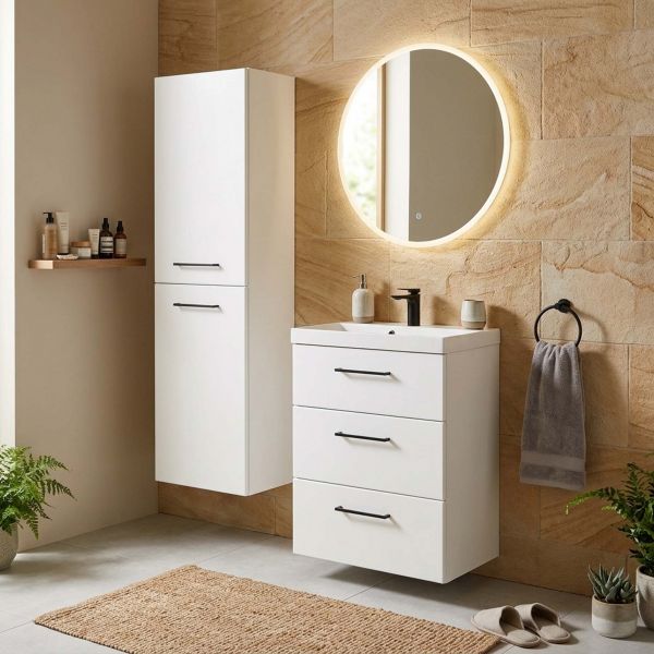 Badmöbel DOMINO SLim-Line 60 cm, weiß matt, Waschtisch und Unterschrank (montiert)