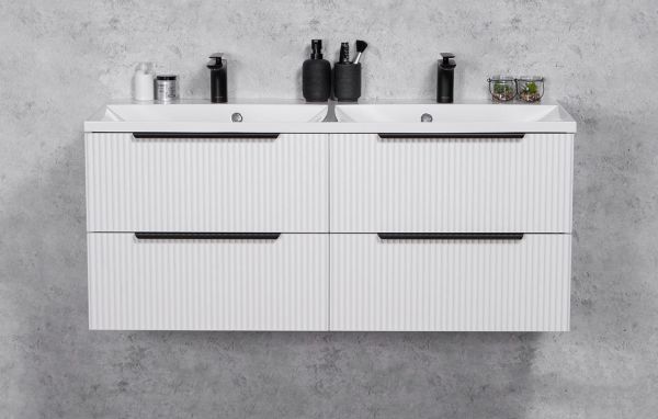 Badmoebel SYDNEY 120 cm weiß matt Doppelwaschtisch mit Unterschrank montiert SYDB120D