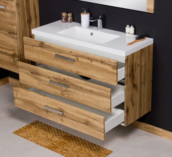 Quentis Waschplatzset Genua 100, 3 Schubladen, Eiche