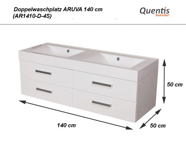 Maße Doppelwaschplatz Aruva, Breite 140 cm, weiß, 4 Schubladen, AR1410-D-4S