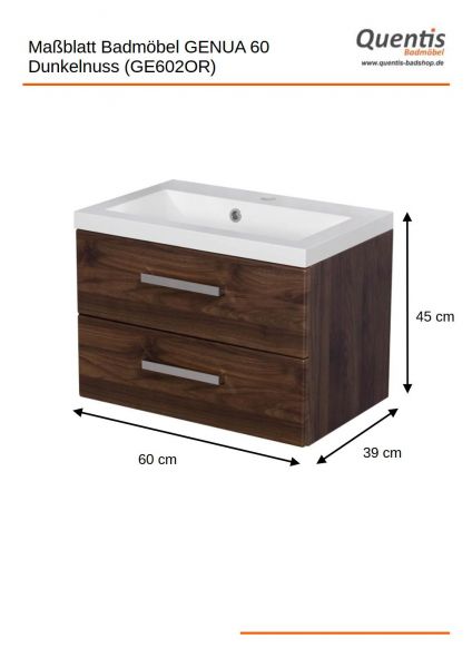 Badmöbel GENUA 60 cm, Nussbaum, Waschtischunterschrank montiert, inkl. Waschbecken