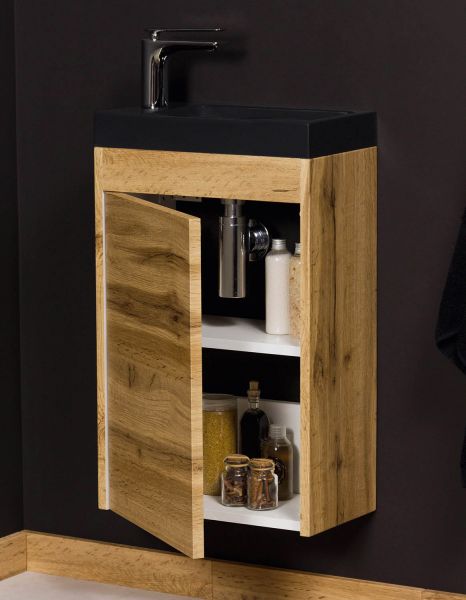 Gäste-WC Möbel Guest 40 cm, eiche, Waschbecken schwarz matt, montiert