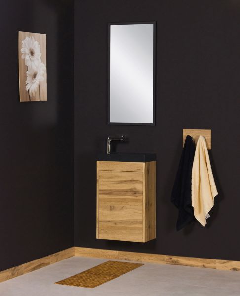 Gäste-WC Möbel GUEST 40 cm, eiche, Waschbecken schwarz matt, montiert