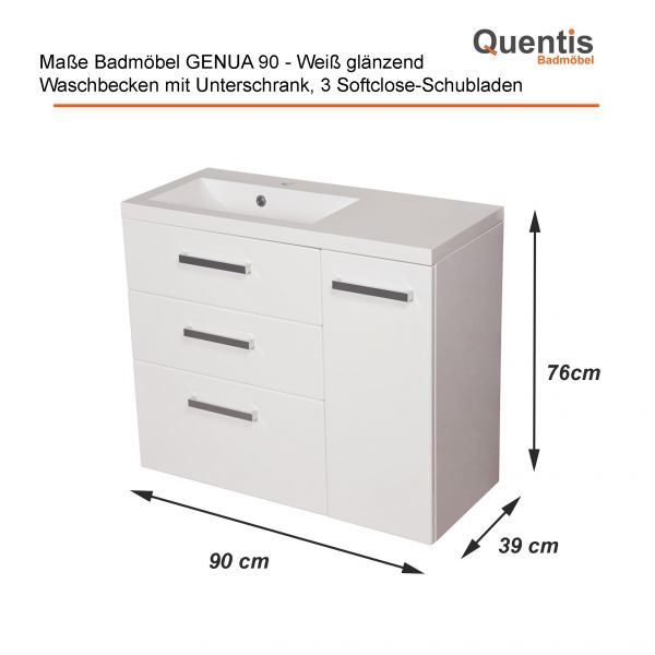 Badmöbel GENUA 90 XL, weiß glänzend, inkl. Waschbecken 3 Softclose-Schubladen, vormontiert