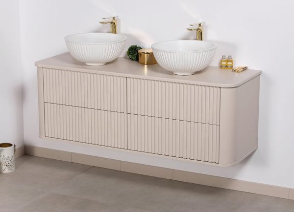 Badmöbel Lilia 140 cm, sand matt, Doppelwaschtisch und Unterschrank (montiert)