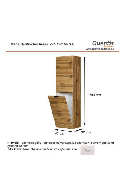 Maße Bad Hochschrank mit Wäschekorb, Eiche Natur (VIC-NE-RW-K)