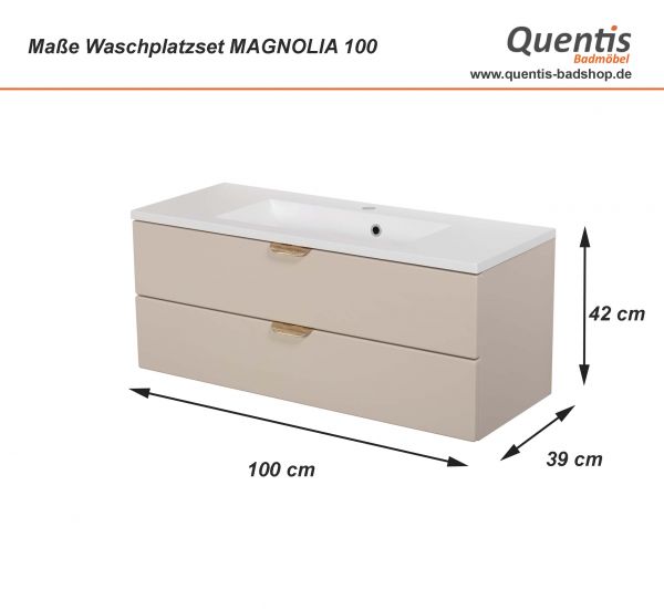 Badmöbel MAGNOLIA 100 cm, sandfarben satiniert, Waschtischunterbau montiert inkl. Waschbecken