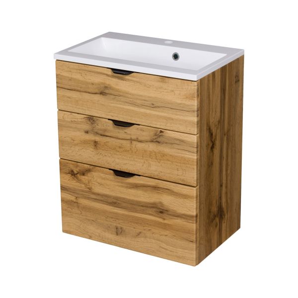 Badmöbelset VICTOR 60-XL, Eiche Natur – Waschbecken mit vormontiertem Unterschrank, 3 Schubladen