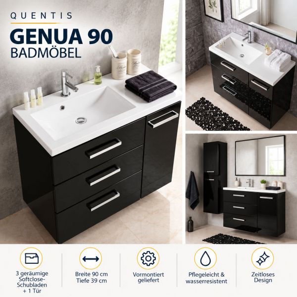 Badmöbel GENUA 90 XL, schwarz glänzend, inkl. Waschbecken 3 Softclose-Schubladen, vormontiert