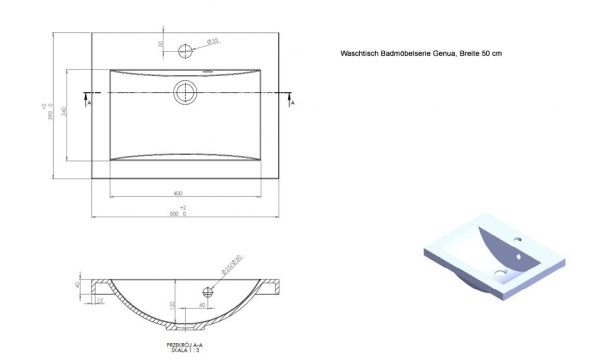 Waschtisch Genua, Breite 50 - Tiefe 39 cm