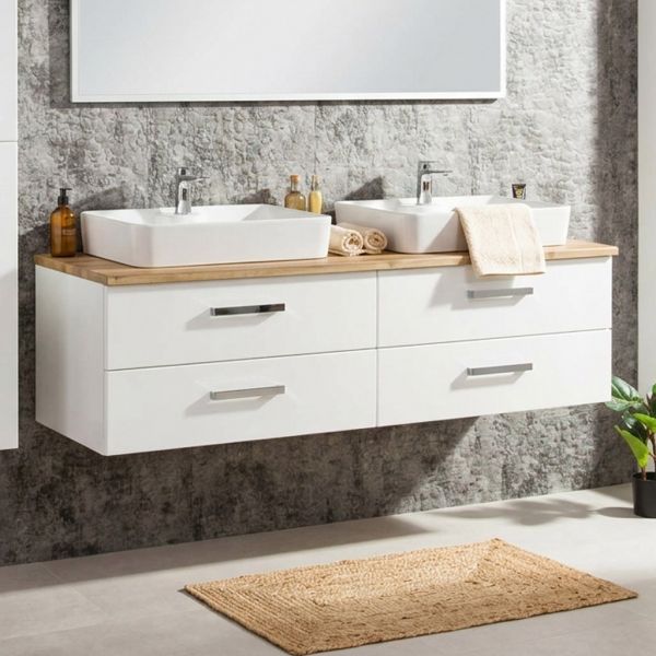 Badmöbelset ARUVA 160 cm, weiß/ Eiche Natur, Waschtischunterbau montiert, inkl. 2 Keramikbecken