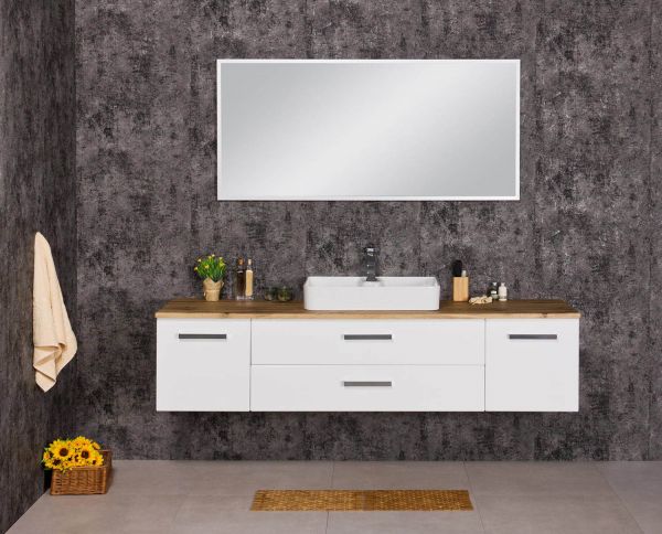 Badmöbel ARUVA Breite 180 cm, Weiß/ Eiche Natur, Waschtischunterbau montiert, Waschbecken optional