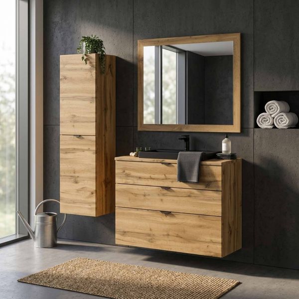 Badmöbel VICTA, Breite 100 cm, 3 Schübe, Eiche Natur, Waschbecken schwarz matt