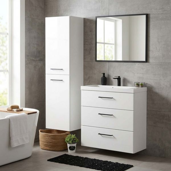 Badmoebel DOMINO SLim-Line 80 Tiefe 35 cm weiß matt Waschtisch und Unterschrank montiert