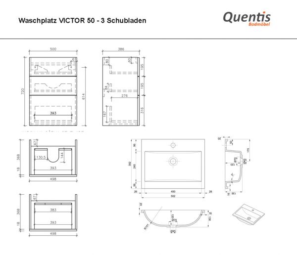 Badmöbelset VICTOR 50, 3 Schubladen, weiß matt (VIC503XX)
