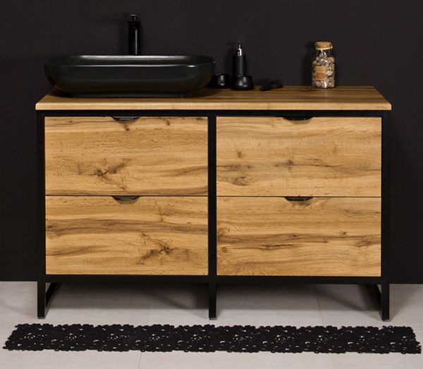 Badmöbel COSMO 120 cm, bodenstehend, Eiche/ Schwarz, Aufsatzbecken schwarz