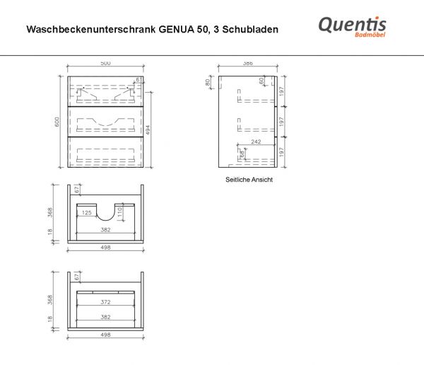 Badmöbel GENUA 50 cm, schwarz glänzend, 3 Schübe, Waschtischunterschrank montiert