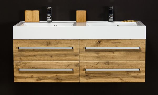 Doppelwaschplatz FOKUS, Breite 120 cm, 4 Schubladen, Eiche Natur