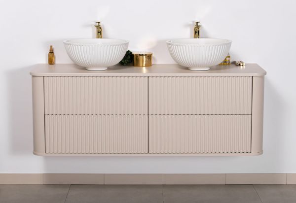 Badmöbel Lilia 140 cm, sand matt, Doppelwaschtisch und Unterschrank (montiert)