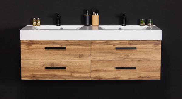 Badmöbel ZENO Breite 140 cm, Eiche Natur, Doppelwaschtisch mit Unterschrank, montiert