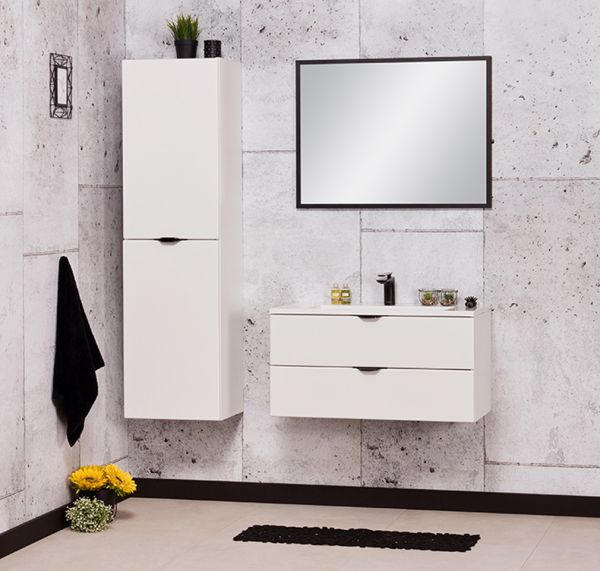 Badschrank VICTOR/ VICTA, Hochschrank mit Wäschekorb, weiß matt