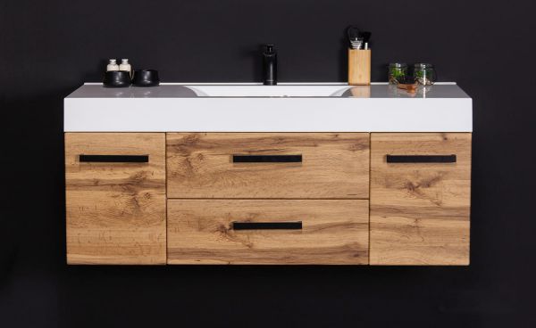 Badmöbel Zeno-Loft, Breite 120 cm, Eiche Natur, Griffe schwarz, Waschtischunterschrank montiert