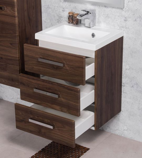 Badmöbel GENUA 50 cm XL, Nussbaum, 3 Softclose-Schubladen, mit Waschbecken