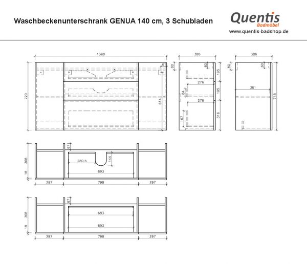 Waschtischunterbau Maßblatt Genua 140, 3 Schubladen
