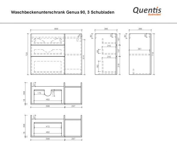 Badmöbel GENUA 90 cm,, Eiche Natur, 3 Schübe, Unterschrank aufgebaut