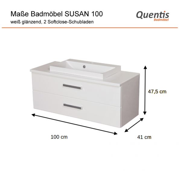 Badmöbel SUSAN 100 cm, Weiß Hochglanz, inkl. Waschbecken, 2 Schubladen, vormontiert