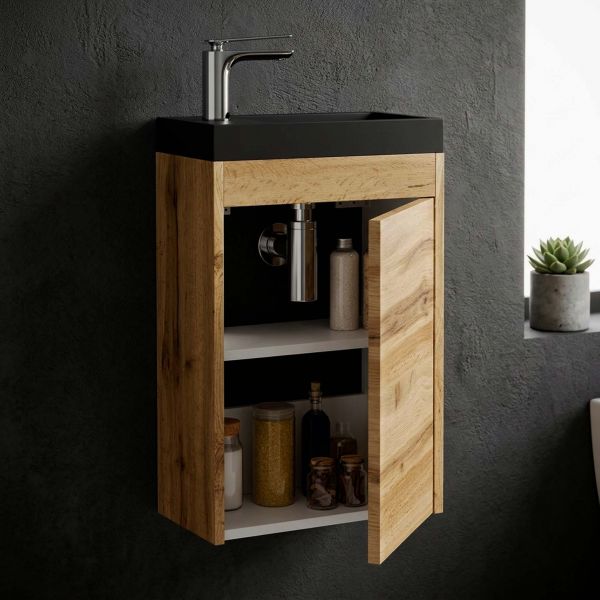 Gäste-WC Möbel GUEST 40 cm, Eiche Natur, Waschbecken schwarz matt, montiert
