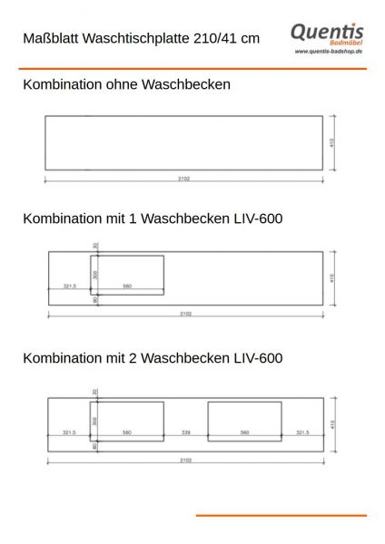 Badmöbel SUSAN Breite 210 cm, weiß glänzend, Einzel- oder Doppelwaschplatz, montiert