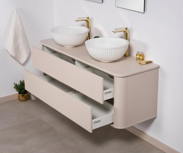 Badmöbel Lilia 140 cm, sand matt, Doppelwaschtisch und Unterschrank (montiert)