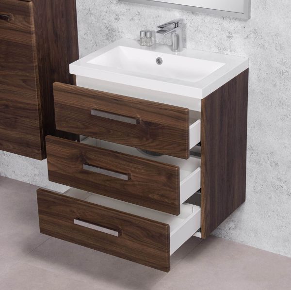 Badmöbel GENUA 60 cm XL, Nussbaum,Waschtischunterschrank montiert, inkl. Waschbecken