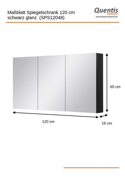 Spiegelschrank Breite 120 cm schwarz glänzend montiert SPS12048