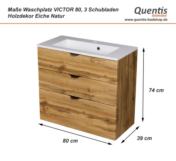 Badmöbel VICTOR 80 cm, Waschtischunterbau mit 3 Schubladen, Eiche