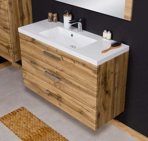 Quentis Waschplatzset Genua 100, 3 Schubladen, Eiche