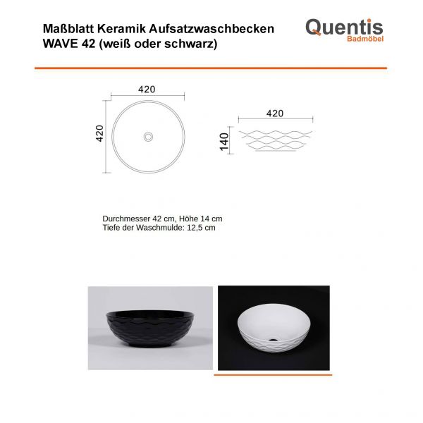 Aufsatz-Waschbecken WAVE 42, rund, Keramik, weiß