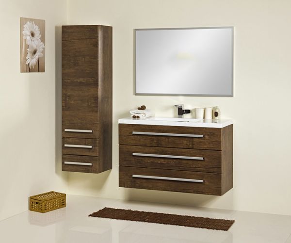 Quentis GENUA Badmöbelset 2-teilig, 100 cm breit, 3 Schubladen, Holzdekor antik, montiert