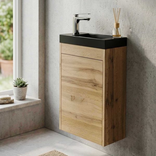 Gäste-WC Möbel GUEST 40 cm, Eiche Natur, Waschbecken schwarz matt, montiert